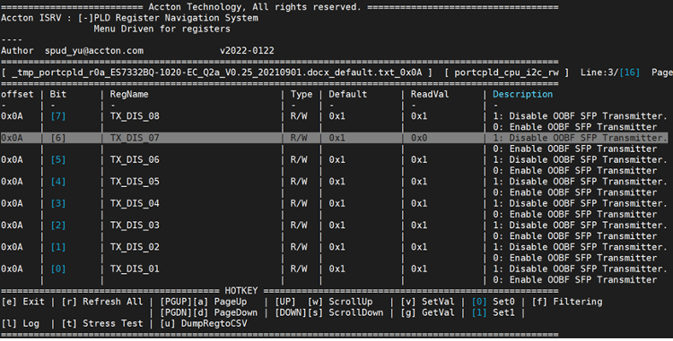 Menu-driven GUI with hotkey to validate registers in ISRV
